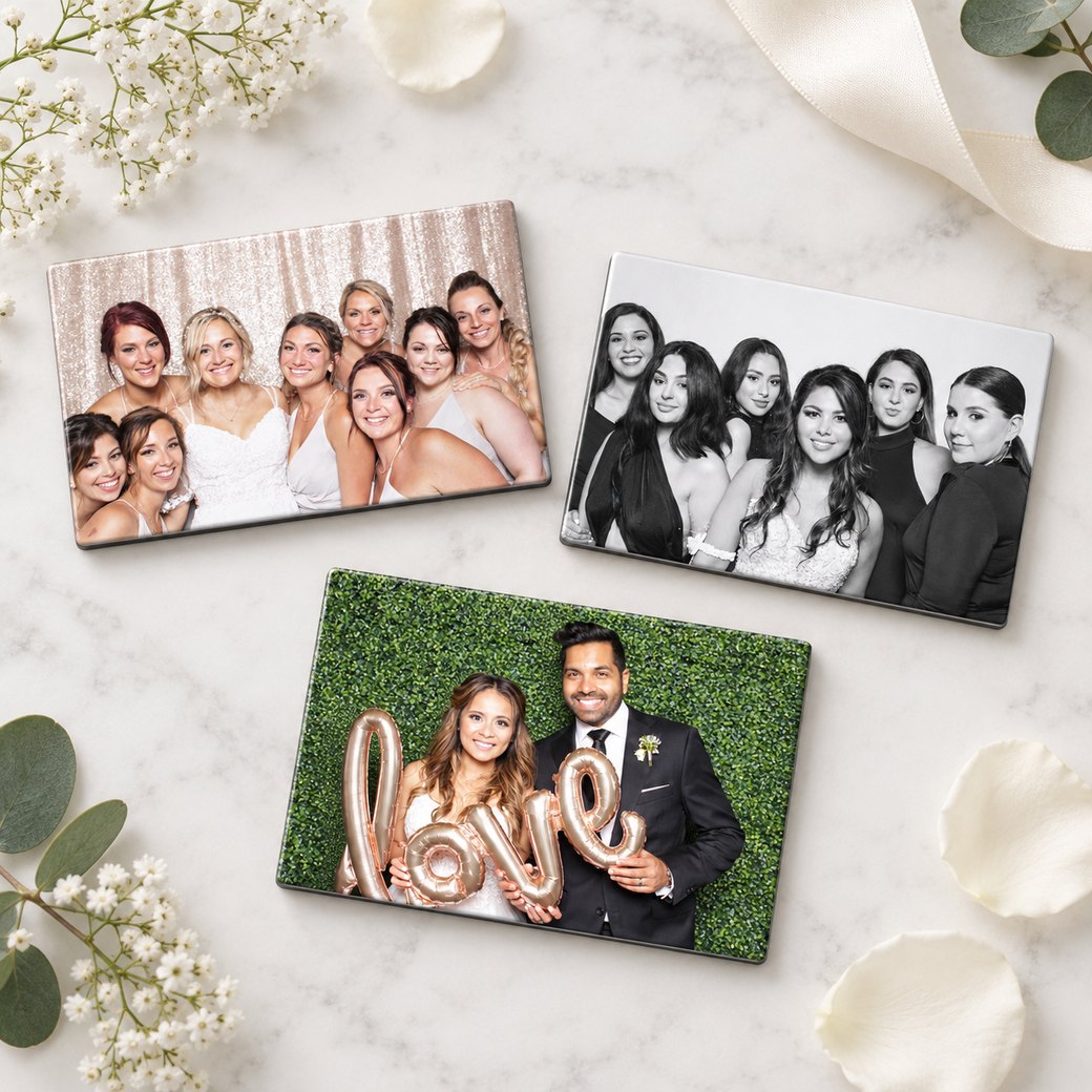 Photo booth magnets on a marble table